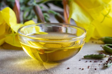 Evening primrose yağı oenothera biennis tohum ve çiçekler ile bir kase