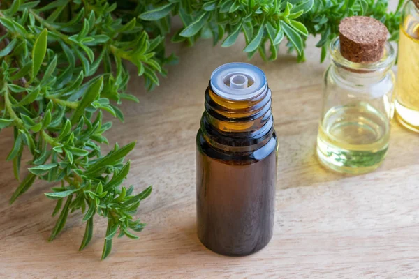 Una Botella Aceite Esencial Salado Montaña Con Planta Satureja Montana — Foto de Stock