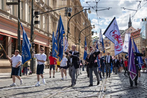 Praga República Checa Julio 2018 Visitantes Estadounidenses Desfilan Sokolsky Slet — Foto de Stock