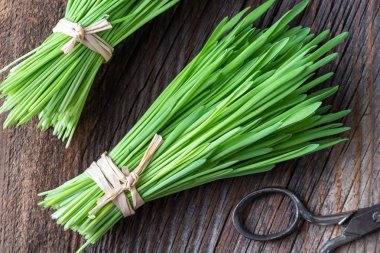 Arpa çim rustik bir arka plan üzerinde taze hasat