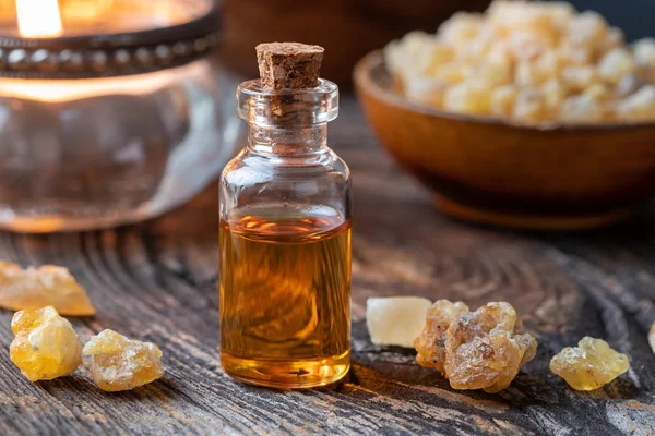 Bottle Essential Oil Frankincense Table — Stock Photo, Image