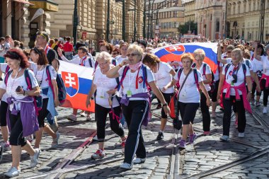 Prague, Çek Cumhuriyeti - 1 Temmuz 2018: Sokolsky Slet, Sokol hareketi - çek spor Derneği bir kez-her-altı-yıl toplanması parading ziyaretçilerinden Slovakya