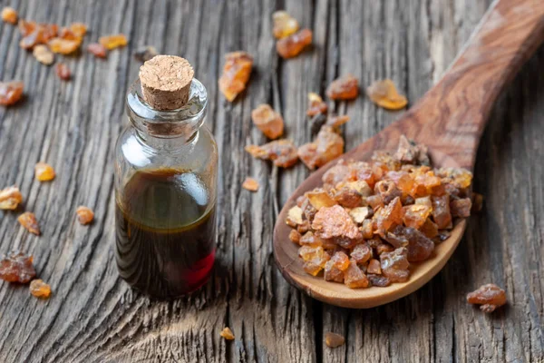 Bottle Essential Oil Myrrh Resin — Stock Photo, Image