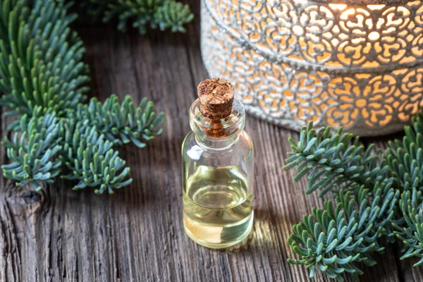Bottle Essential Oil Fresh Fir Branches — Stock Photo, Image