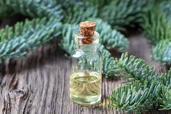Bottle Essential Oil Fresh Fir Branches — Stock Photo, Image