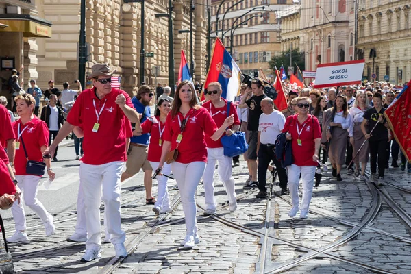 Praga República Checa Julio 2018 Visitantes Estados Unidos Desfilan Sokolsky — Foto de Stock