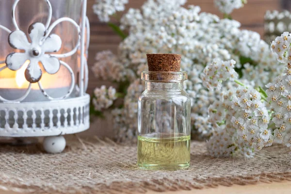 Uma Garrafa Óleo Essencial Com Flores Frescas Yarrow Uma Vela — Fotografia de Stock