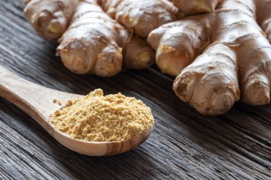 Arka planda taze kökü olan bir kaşıkta zencefil.