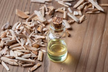 A bottle of essential oil with cedar wood chips and copy space clipart