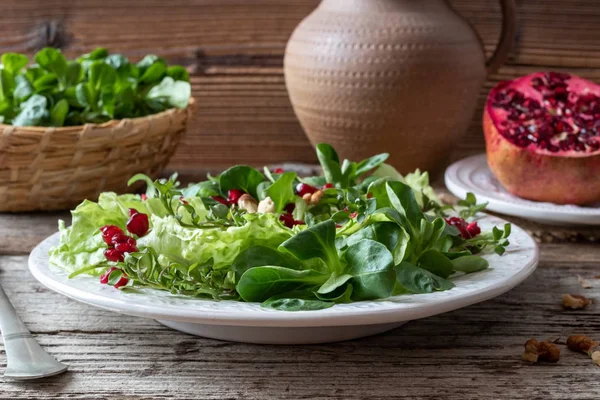 Vårsallad Med Vildkikärt Nötsallat Och Granatäpple — Stockfoto