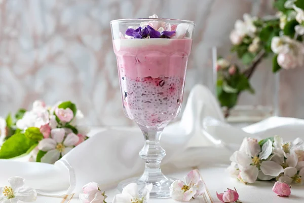 Chiapudding mit roten Johannisbeeren und Apfelblüten — Stockfoto