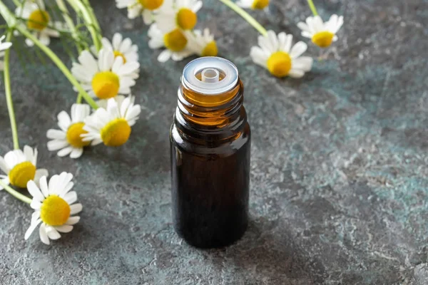 Uma garrafa de óleo essencial de camomila e flores — Fotografia de Stock