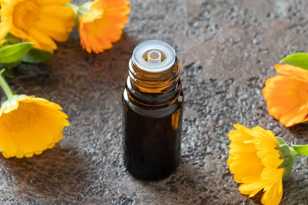 Een fles calendula etherische olie met calendula bloemen — Stockfoto