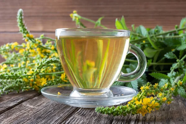 Ένα φλιτζάνι αγριμόνιο τσάι με ανθισμένο φυτό αγριμόνιο — Φωτογραφία Αρχείου