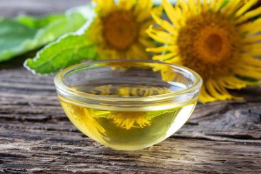 Bir kase elektroampan yağı ve taze bitki.