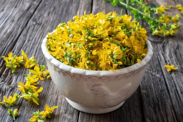 Johanniskraut blüht in einer alten Schale — Stockfoto