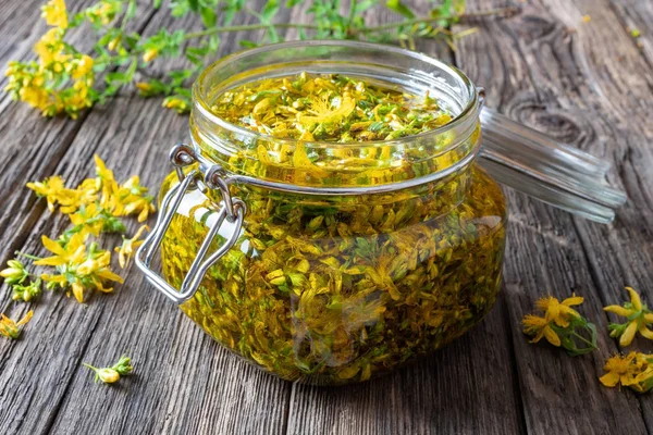 Preparation of St. John's wort oil from fresh flowers — Stock Photo, Image