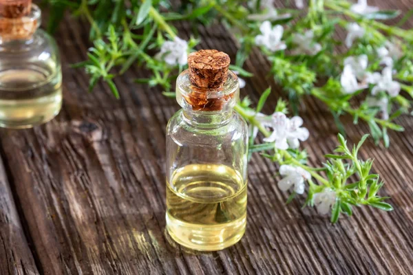 Una botella de aceite esencial salado de montaña con Satureja mo fresco — Foto de Stock
