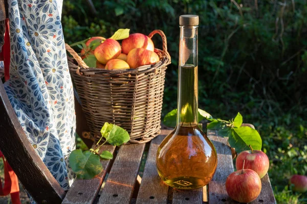 Vinagre de manzana con manzanas frescas, al aire libre — Foto de Stock