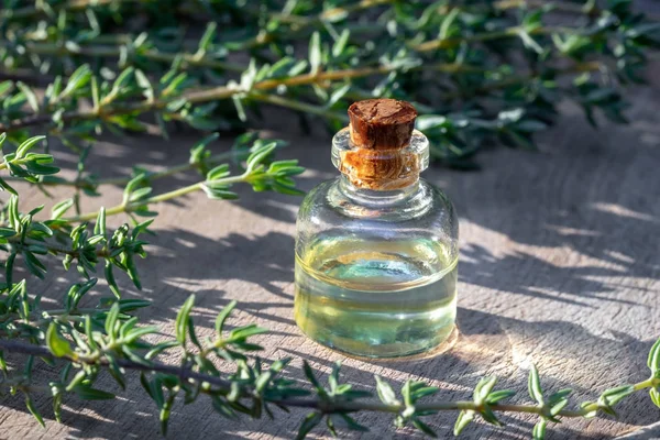 Sebotol minyak esensial dengan ranting thyme segar — Stok Foto