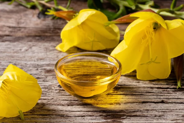 Aceite de onagra en un tazón pequeño — Foto de Stock