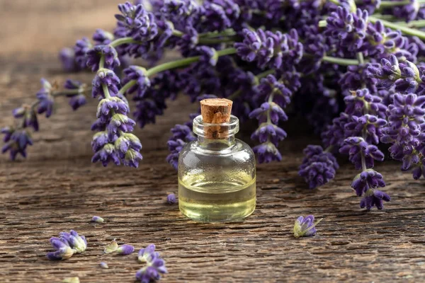 Una Botella Aceite Esencial Con Lavanda Flor Fresca Sobre Fondo — Foto de Stock