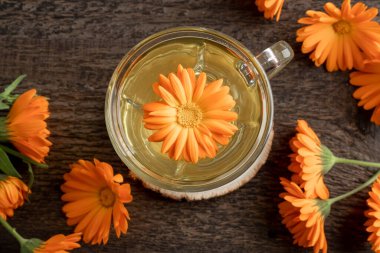 Bir fincan çiçekli bitki çayı, üst manzara.