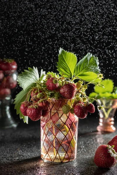 Friss Eper Vázában Vízcseppekkel Háttérben Fénymásolási Hellyel — Stock Fotó