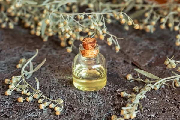 Une Bouteille Huile Essentielle Absinthe Fleurs Fraîches Artemisia Absinthium Arrière — Photo