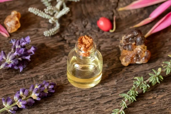 Bottle Essential Oil Frankincense Wintergreen Lavender Thyme Other Herbs — Stock Photo, Image