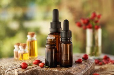 Red rosehip seed oil with fresh rose hips in three brown glass bottles outdoors