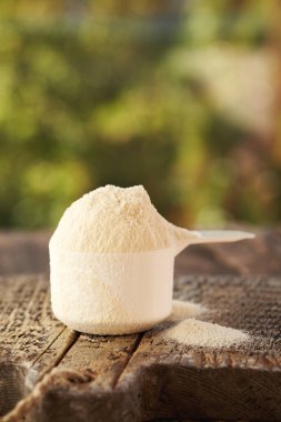 Whey protein powder in a measuring spoon on a table outdoors