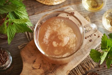 Homemade flax seed gel, nettle leaves, apple cider vinegar and argan oil - ingredients for homemade natural healthy shampoo