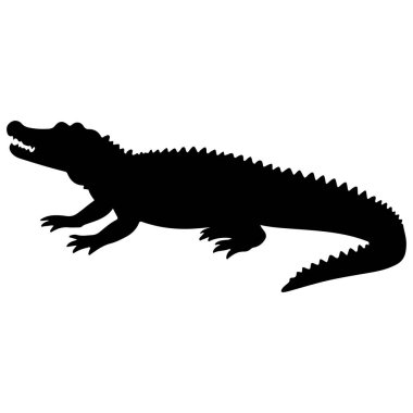 Keskin dişleri, sert pulları ve güçlü bir kuyruğu olan kalın siyah bir timsah silueti. Bu vektör illüstrasyonu vahşi yaşam grafikleri, eğitim materyalleri, logo tasarımı veya doğa temalı yaratıcı projeler için idealdir..