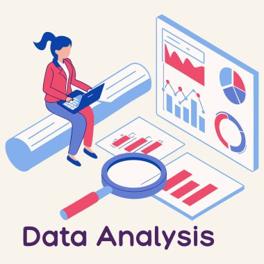 Çizelgeler, grafikler, büyüteç ve vites simgeleriyle çevrili bir dizüstü bilgisayarın üzerinde çalışan bir kişinin Isometric veri analizi. Kırmızı, mavi ve beyaz tonlarda tasarlanan bu vektör, iş dünyası için temel analitik kavramları vurgular, 