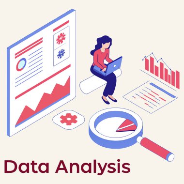 Çizelgeler, grafikler, büyüteç ve vites simgeleriyle çevrili bir dizüstü bilgisayarın üzerinde çalışan bir kişinin Isometric veri analizi. Kırmızı, mavi ve beyaz tonlarda tasarlanan bu vektör, iş dünyası için temel analitik kavramları vurgular, 