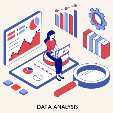 Çizelgeler, grafikler, büyüteç ve vites simgeleriyle çevrili bir dizüstü bilgisayarın üzerinde çalışan bir kişinin Isometric veri analizi. Kırmızı, mavi ve beyaz tonlarda tasarlanan bu vektör, iş dünyası için temel analitik kavramları vurgular, 