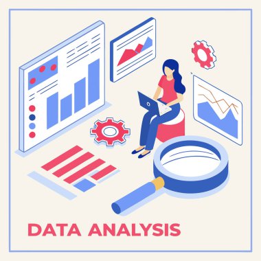 Çizelgeler, grafikler, büyüteç ve vites simgeleriyle çevrili bir dizüstü bilgisayarın üzerinde çalışan bir kişinin Isometric veri analizi. Kırmızı, mavi ve beyaz tonlarda tasarlanan bu vektör, iş dünyası için temel analitik kavramları vurgular, 
