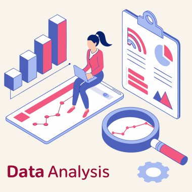 Çizelgeler, grafikler, büyüteç ve vites simgeleriyle çevrili bir dizüstü bilgisayarın üzerinde çalışan bir kişinin Isometric veri analizi. Kırmızı, mavi ve beyaz tonlarda tasarlanan bu vektör, iş dünyası için temel analitik kavramları vurgular, 