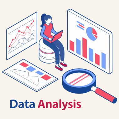 Çizelgeler, grafikler, büyüteç ve vites simgeleriyle çevrili bir dizüstü bilgisayarın üzerinde çalışan bir kişinin Isometric veri analizi. Kırmızı, mavi ve beyaz tonlarda tasarlanan bu vektör, iş dünyası için temel analitik kavramları vurgular, 