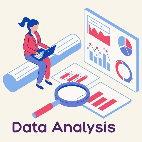 Çizelgeler, grafikler, büyüteç ve vites simgeleriyle çevrili bir dizüstü bilgisayarın üzerinde çalışan bir kişinin Isometric veri analizi. Kırmızı, mavi ve beyaz tonlarda tasarlanan bu vektör, iş dünyası için temel analitik kavramları vurgular, 