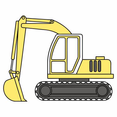 Detaylı eklemli kol, kazı kovası, kapalı taksi ve takip üssü içeren çizgi film tarzı sarı kazıcı vektörü. İnşaat temalı grafikler, eğitim materyalleri ve ağır ekipman çizimleri için ideal.