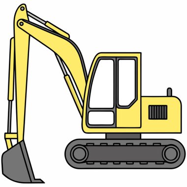Detaylı eklemli kol, kazı kovası, kapalı taksi ve takip üssü içeren çizgi film tarzı sarı kazıcı vektörü. İnşaat temalı grafikler, eğitim materyalleri ve ağır ekipman çizimleri için ideal.