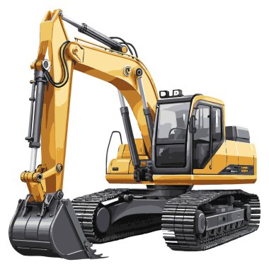 Detaylı eklemli kol, kazı kovası, kapalı taksi ve takip üssü içeren çizgi film tarzı sarı kazıcı vektörü. İnşaat temalı grafikler, eğitim materyalleri ve ağır ekipman çizimleri için ideal.