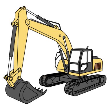 Detaylı eklemli kol, kazı kovası, kapalı taksi ve takip üssü içeren çizgi film tarzı sarı kazıcı vektörü. İnşaat temalı grafikler, eğitim materyalleri ve ağır ekipman çizimleri için ideal.