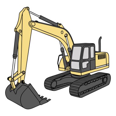 Detaylı eklemli kol, kazı kovası, kapalı taksi ve takip üssü içeren çizgi film tarzı sarı kazıcı vektörü. İnşaat temalı grafikler, eğitim materyalleri ve ağır ekipman çizimleri için ideal.