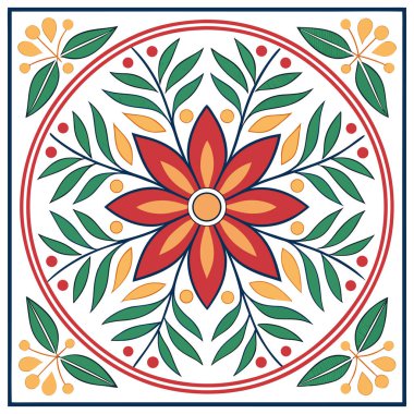 Yeşil yapraklar, mavi aksanlar ve küçük turuncu noktalarla çevrili merkezi kırmızı-turuncu bir çiçek içeren renkli dairesel mandala tasarımı. Kırmızı ve mavi kenarlı çerçevelenmiş ve dört küçük kırmızı çiçek tarafından başlıca noktalarda, bu simetrik 
