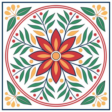Yeşil yapraklar, mavi aksanlar ve küçük turuncu noktalarla çevrili merkezi kırmızı-turuncu bir çiçek içeren renkli dairesel mandala tasarımı. Kırmızı ve mavi kenarlı çerçevelenmiş ve dört küçük kırmızı çiçek tarafından başlıca noktalarda, bu simetrik 