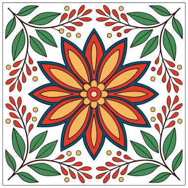 Yeşil yapraklar, mavi aksanlar ve küçük turuncu noktalarla çevrili merkezi kırmızı-turuncu bir çiçek içeren renkli dairesel mandala tasarımı. Kırmızı ve mavi kenarlı çerçevelenmiş ve dört küçük kırmızı çiçek tarafından başlıca noktalarda, bu simetrik 