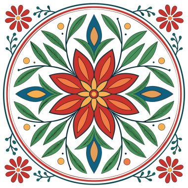 Yeşil yapraklar, mavi aksanlar ve küçük turuncu noktalarla çevrili merkezi kırmızı-turuncu bir çiçek içeren renkli dairesel mandala tasarımı. Kırmızı ve mavi kenarlı çerçevelenmiş ve dört küçük kırmızı çiçek tarafından başlıca noktalarda, bu simetrik 